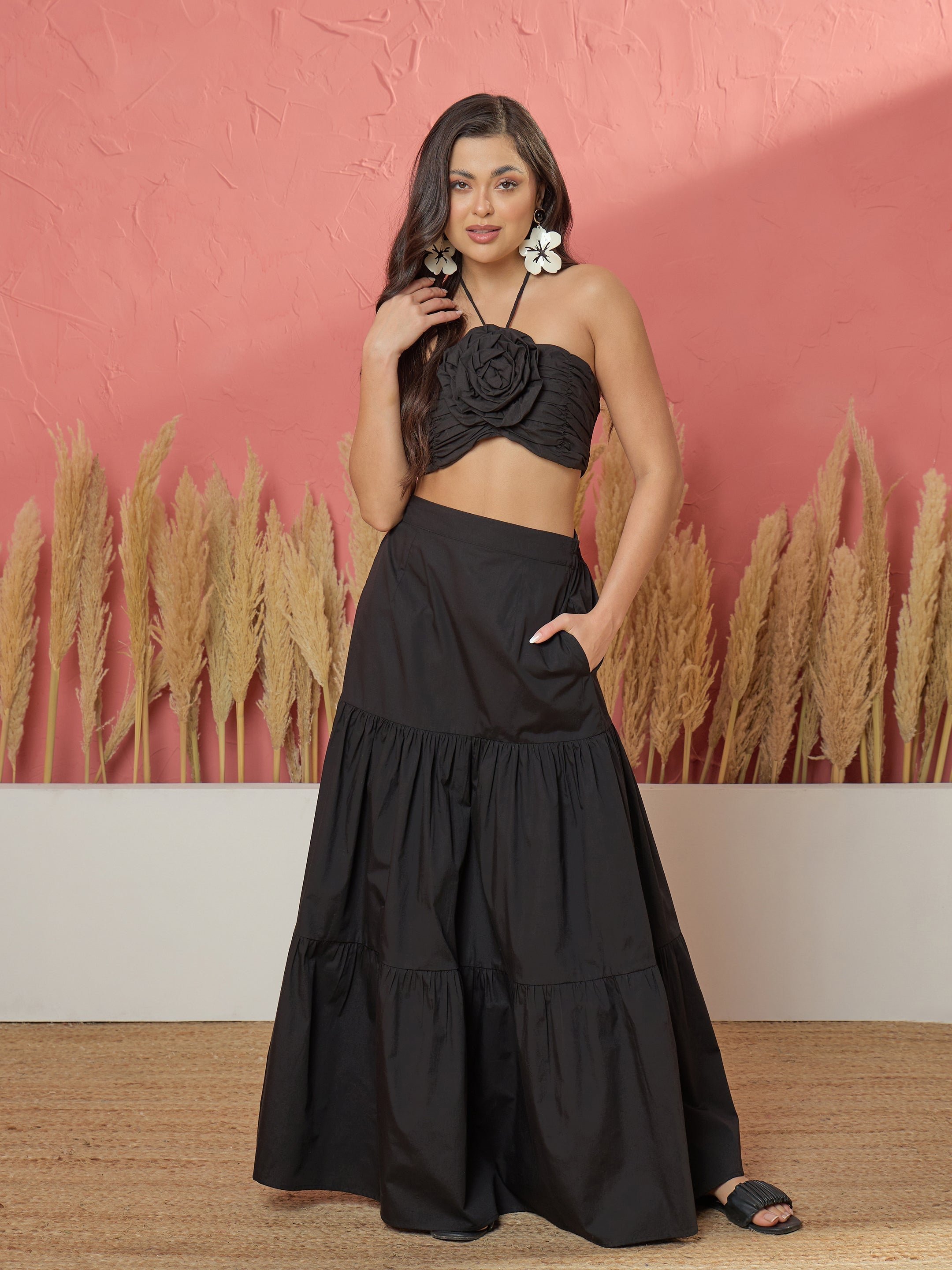 Black Front Corsage Crop Top and Tiered Skirt Set