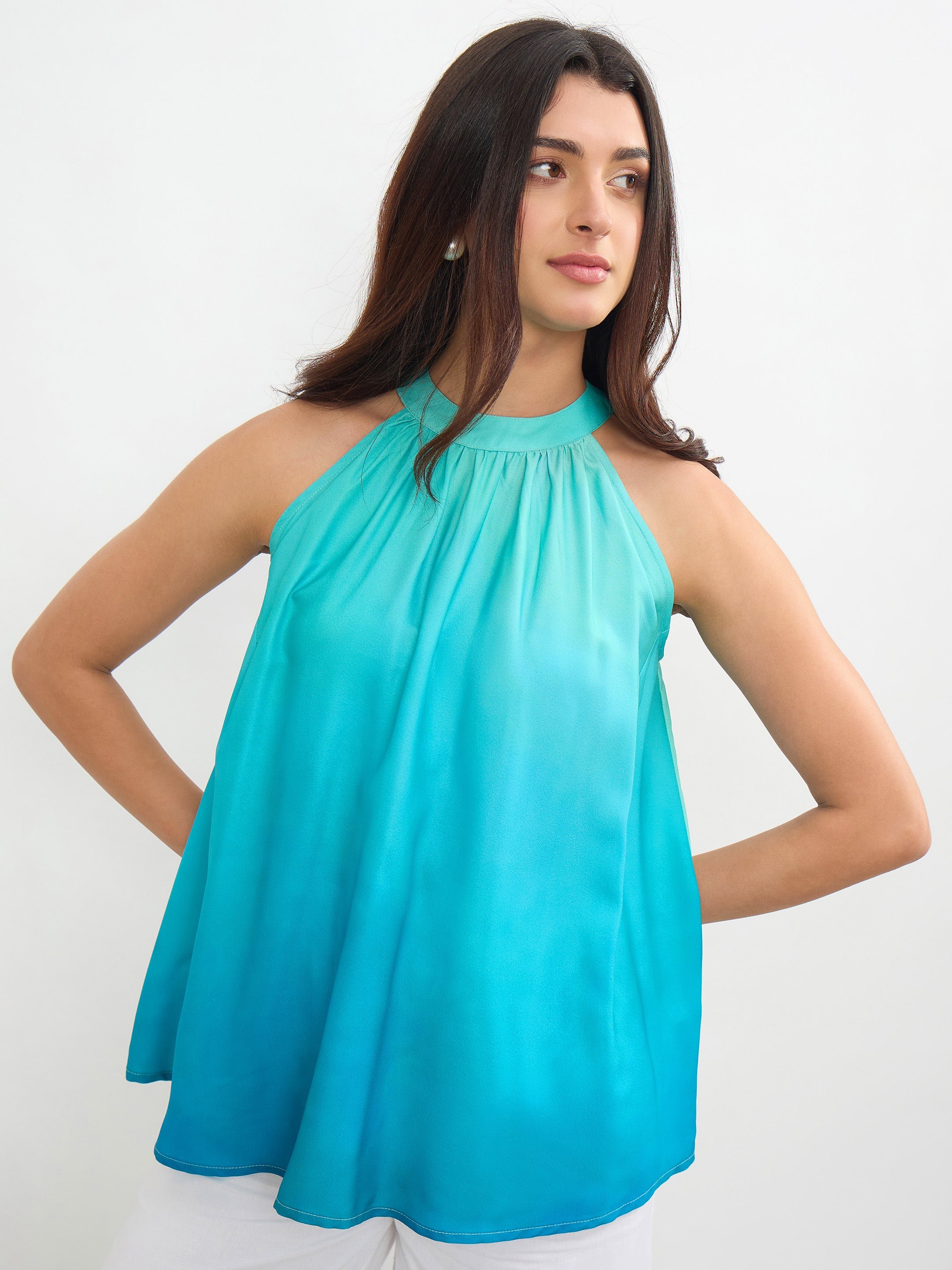 Sea Green Ombre Halter Neck A-Line Top