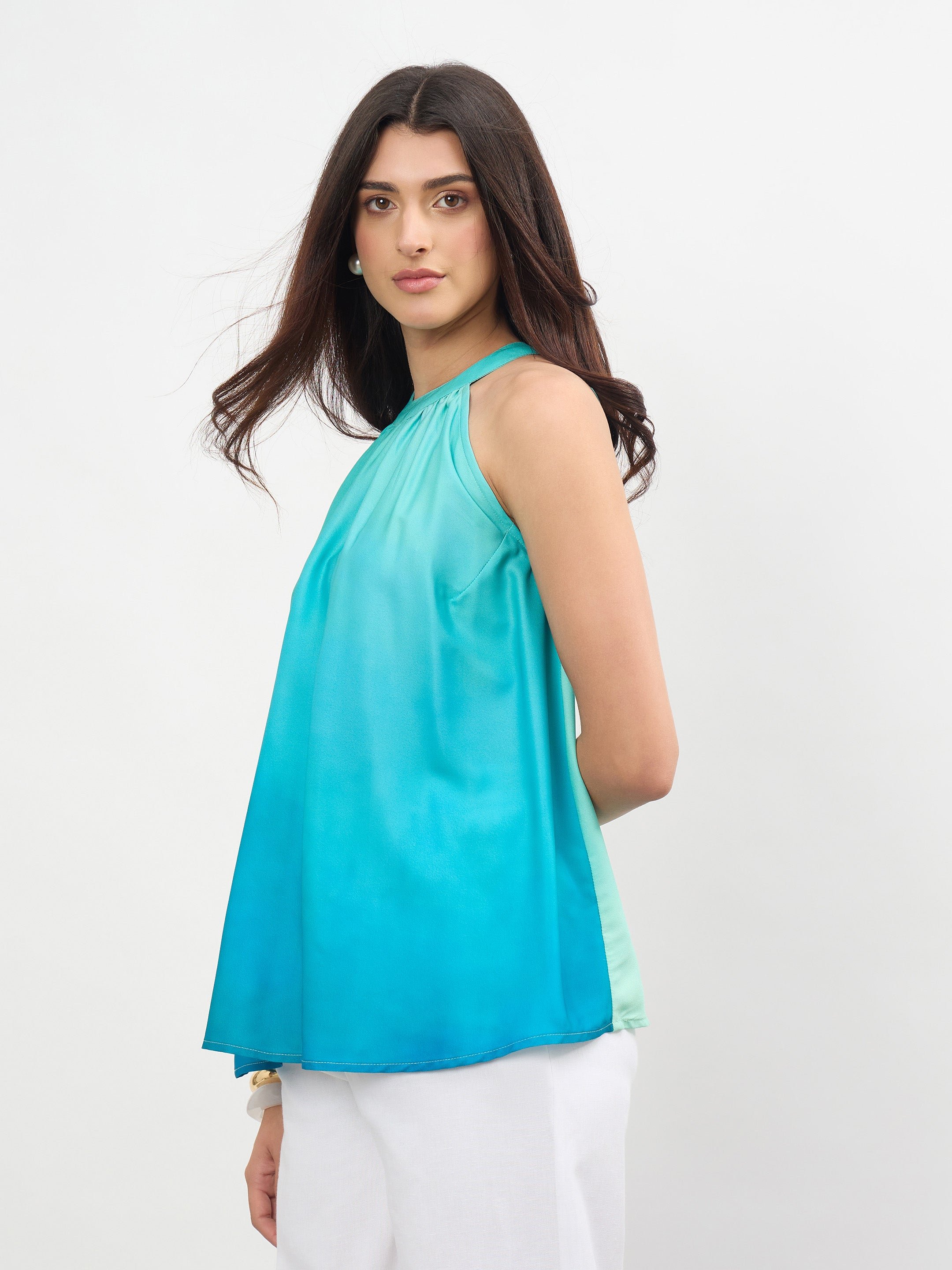 Sea Green Ombre Halter Neck A-Line Top