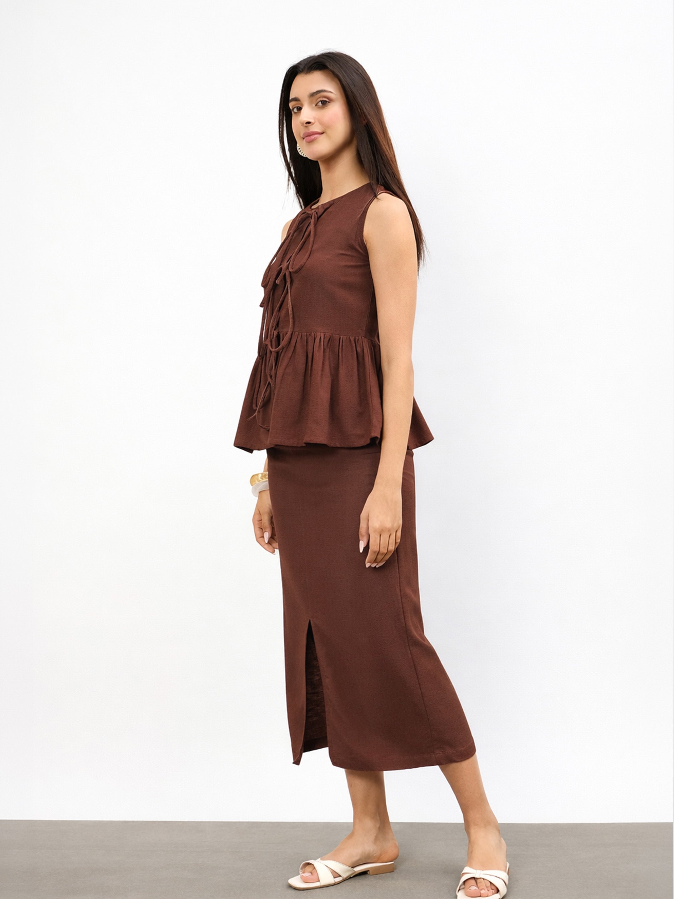 Brown Tie Up Sleeveless Top And Front Slit Straight Skirt