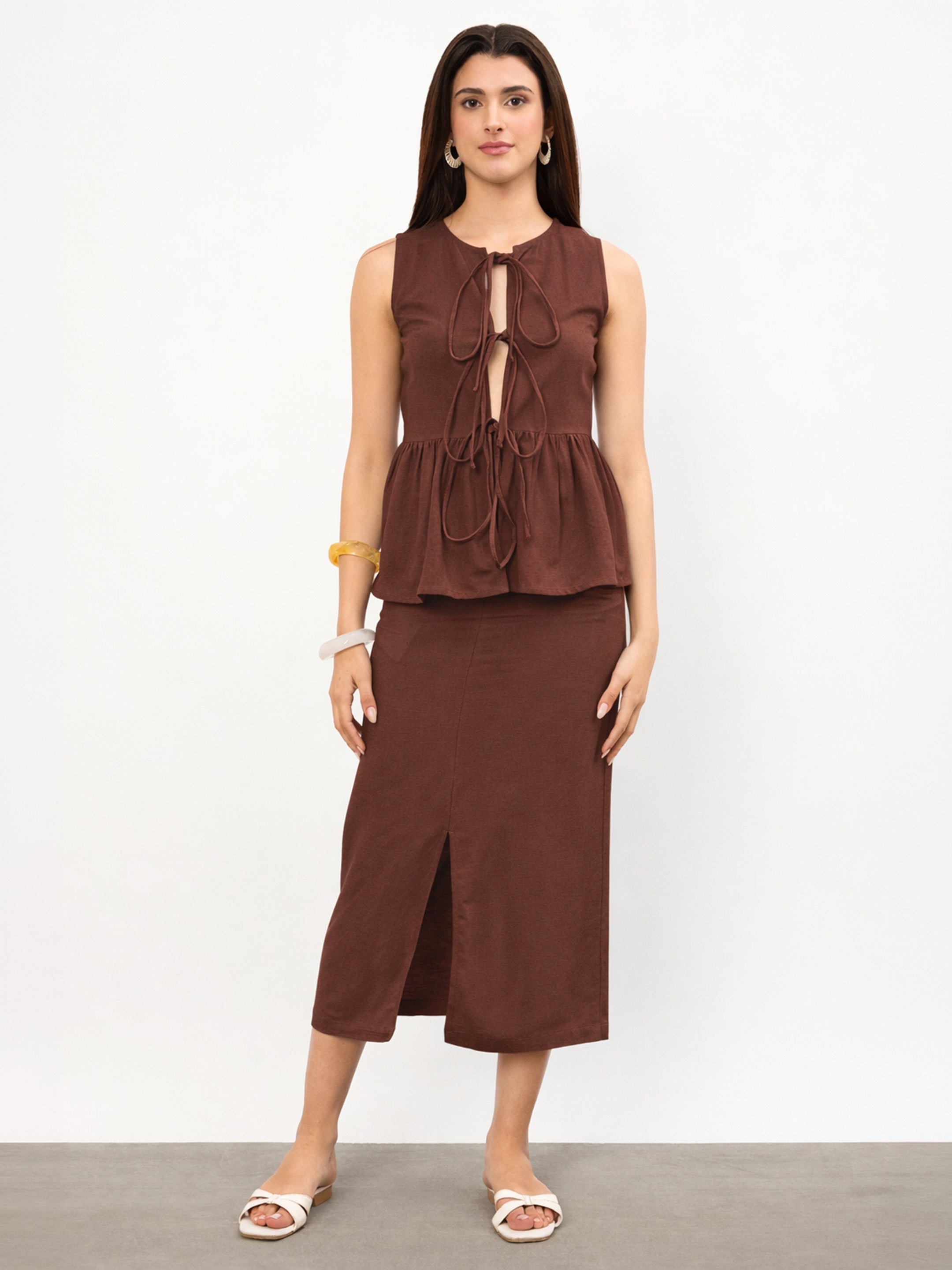 Brown Tie Up Sleeveless Top And Front Slit Straight Skirt