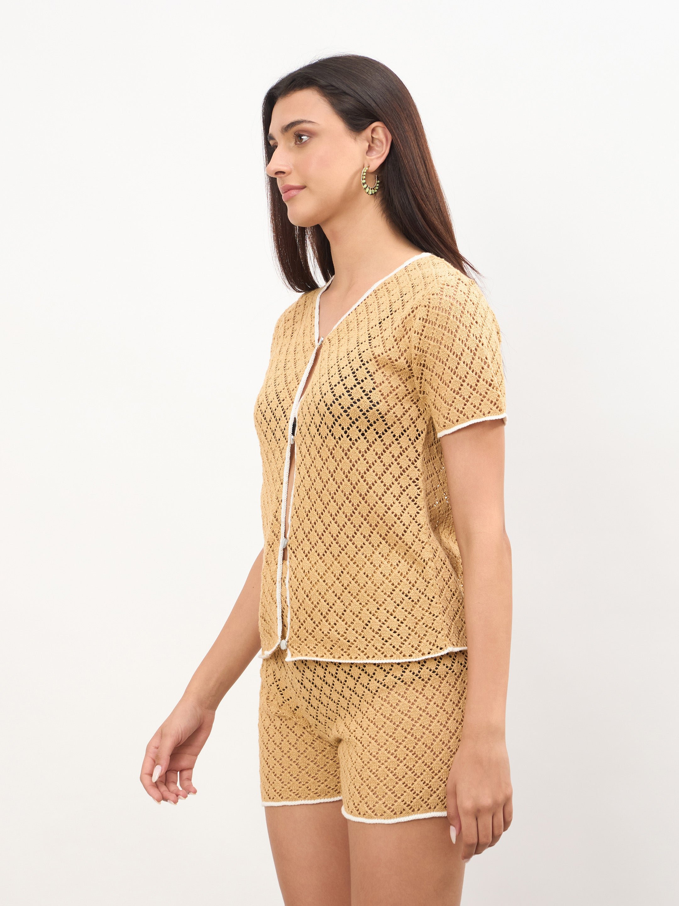 Beige Crochet Knit Top and Shorts Set