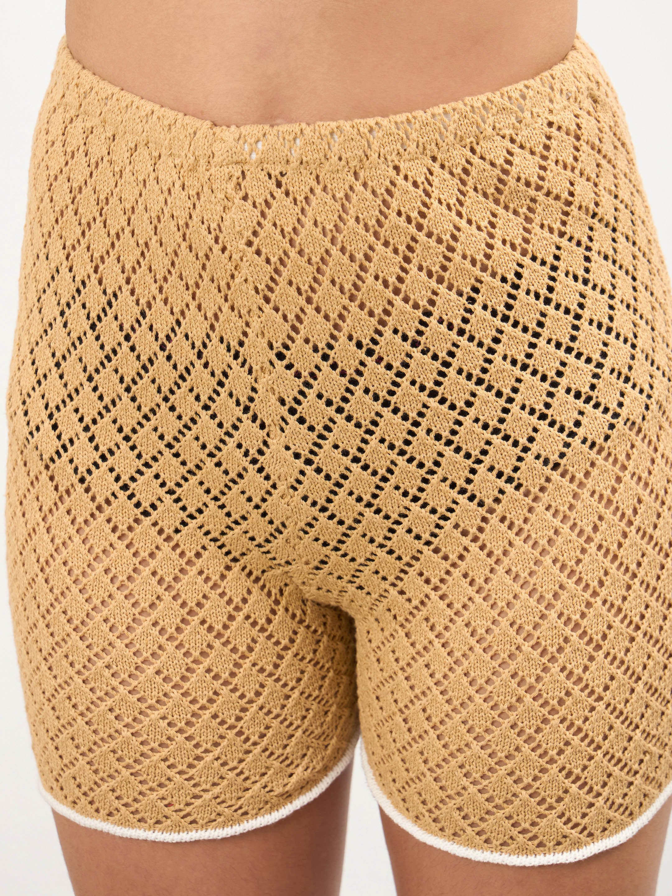 Beige Crochet Knit Top and Shorts Set