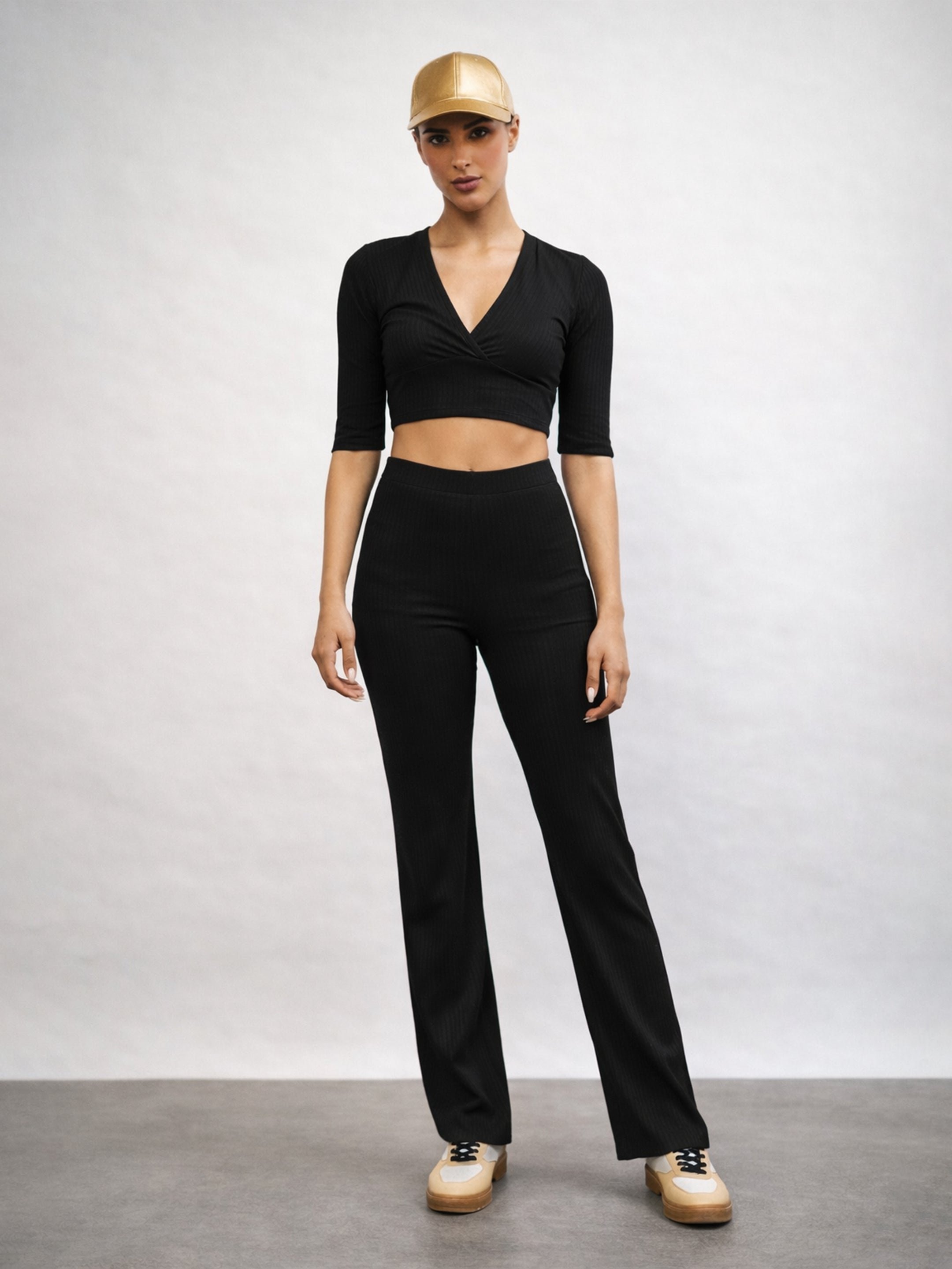 Black V-Neck Ripped Crop Top and Wide legs Pants Set