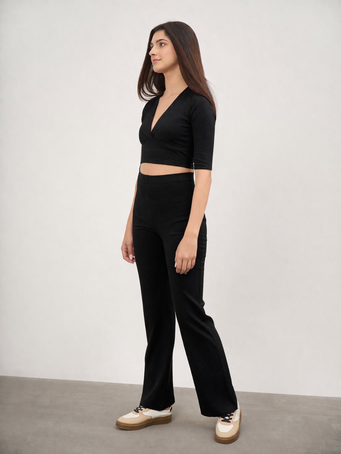 Black V-Neck Ripped Crop Top and Wide legs Pants Set