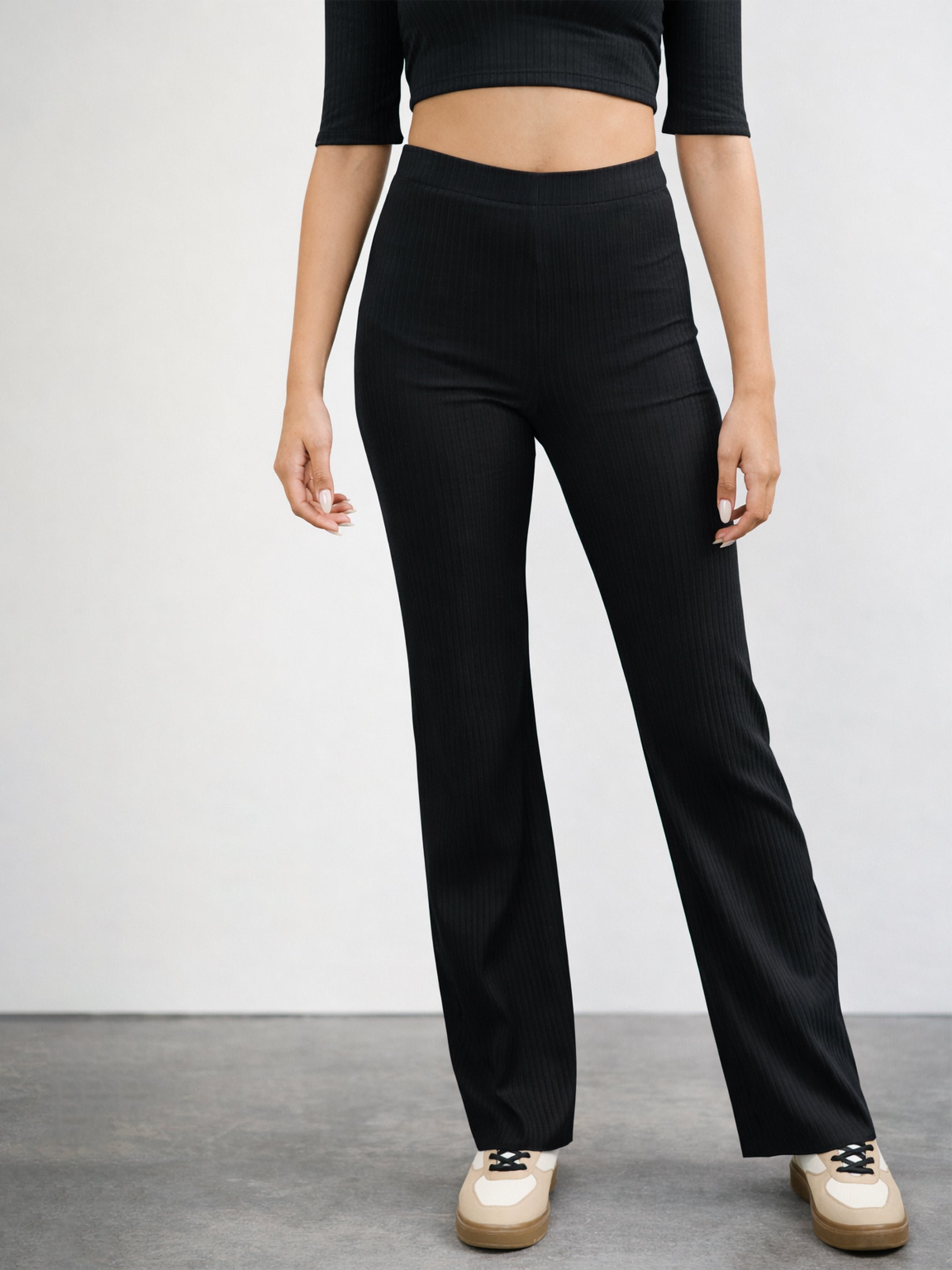 Black V-Neck Ripped Crop Top and Wide legs Pants Set
