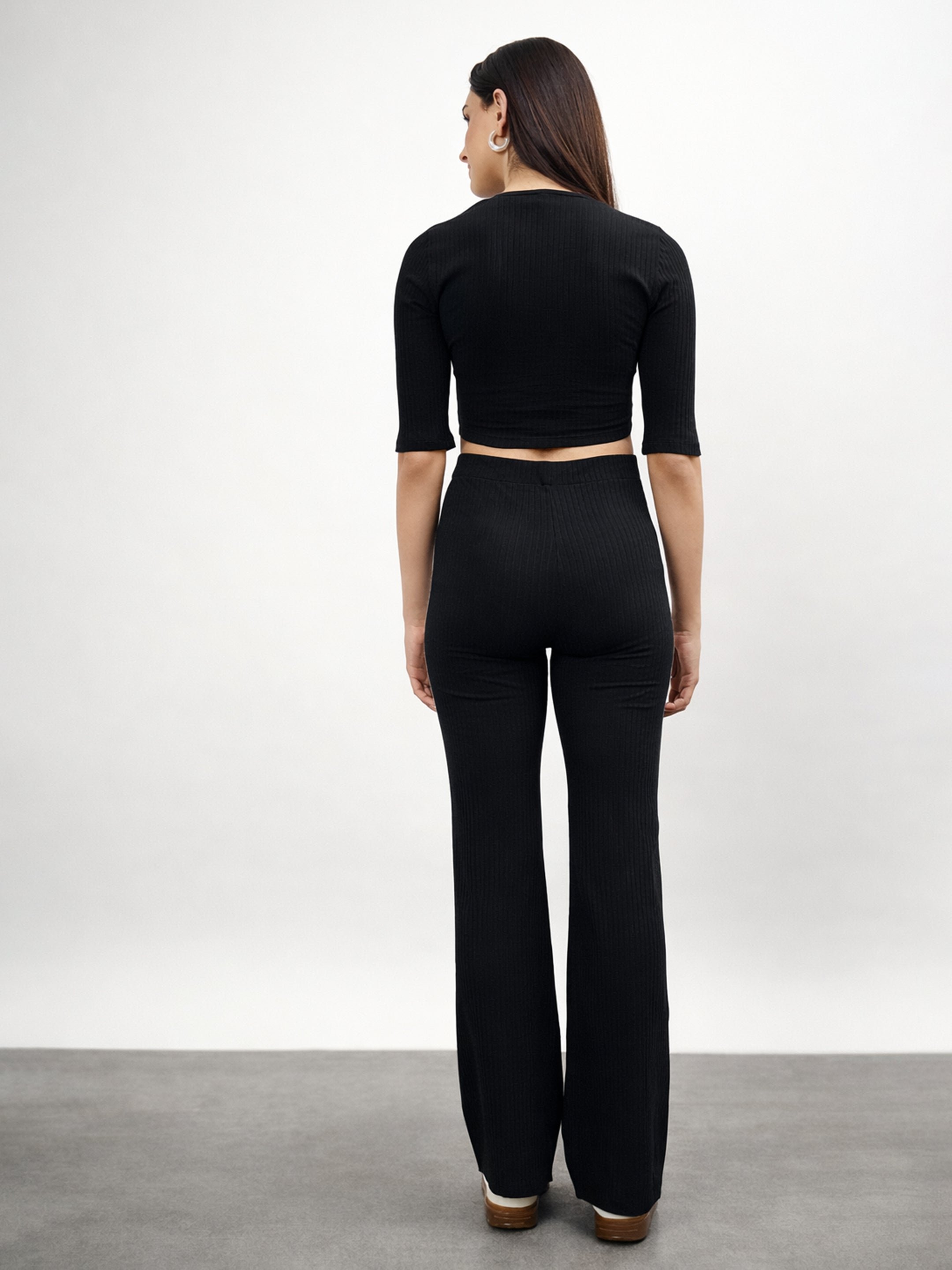 Black V-Neck Ripped Crop Top and Wide legs Pants Set