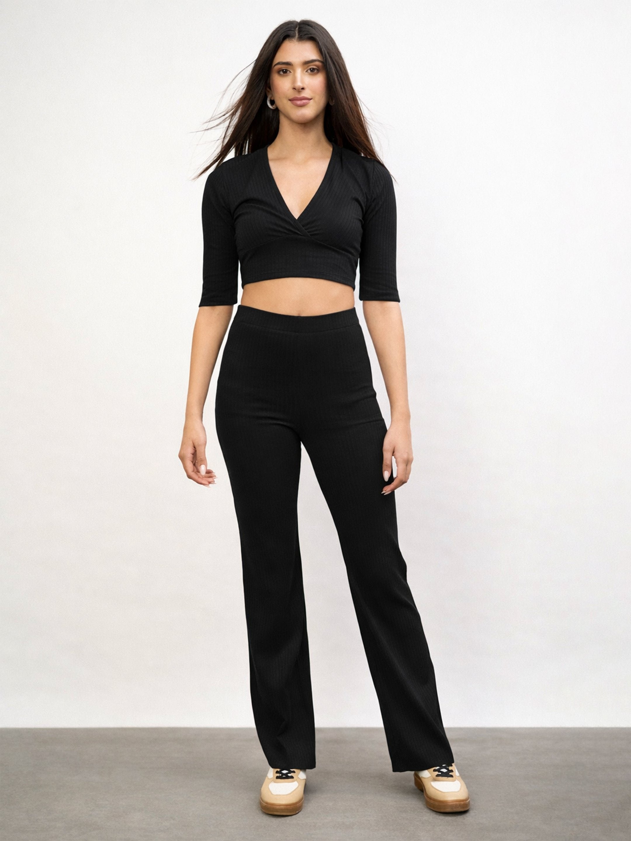 Black V-Neck Ripped Crop Top and Wide legs Pants Set