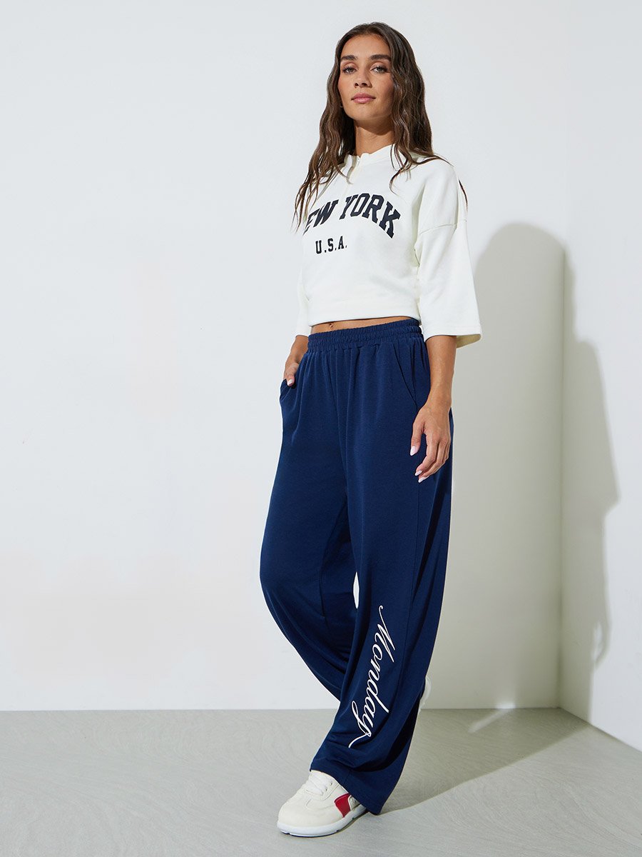 Dark Blue Pocket Detail Printed Wide Leg Joggers