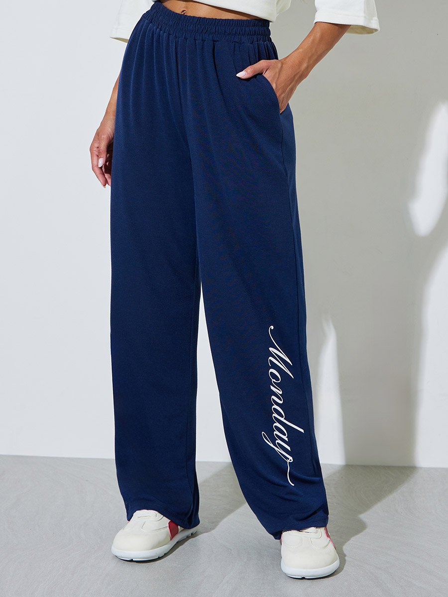 Dark Blue Pocket Detail Printed Wide Leg Joggers