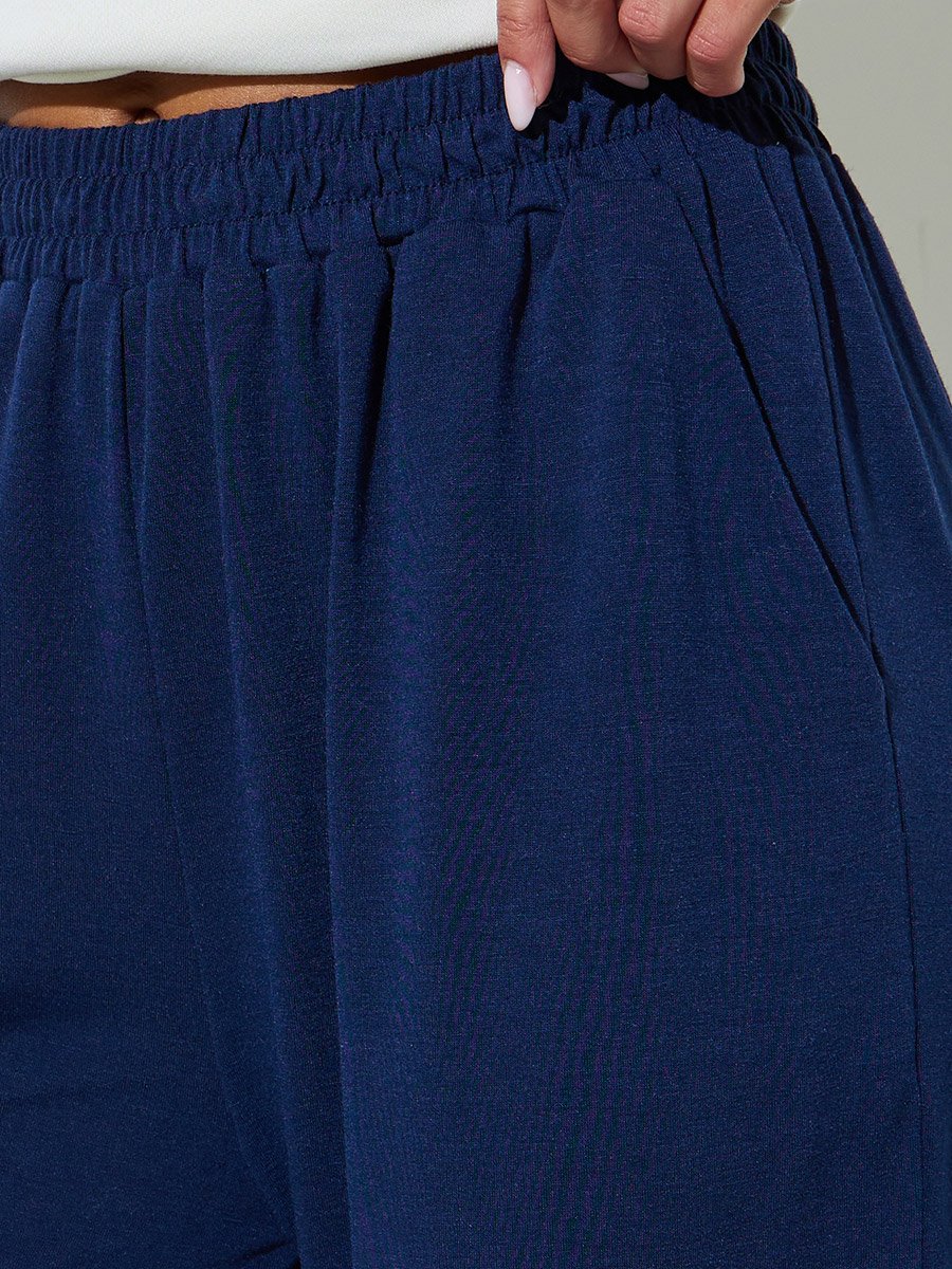 Dark Blue Pocket Detail Printed Wide Leg Joggers