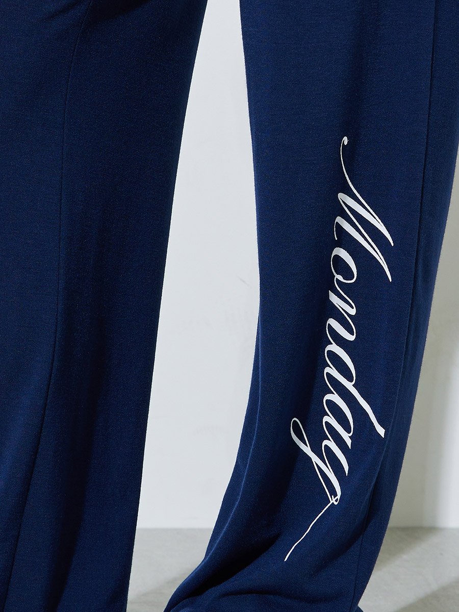 Dark Blue Pocket Detail Printed Wide Leg Joggers