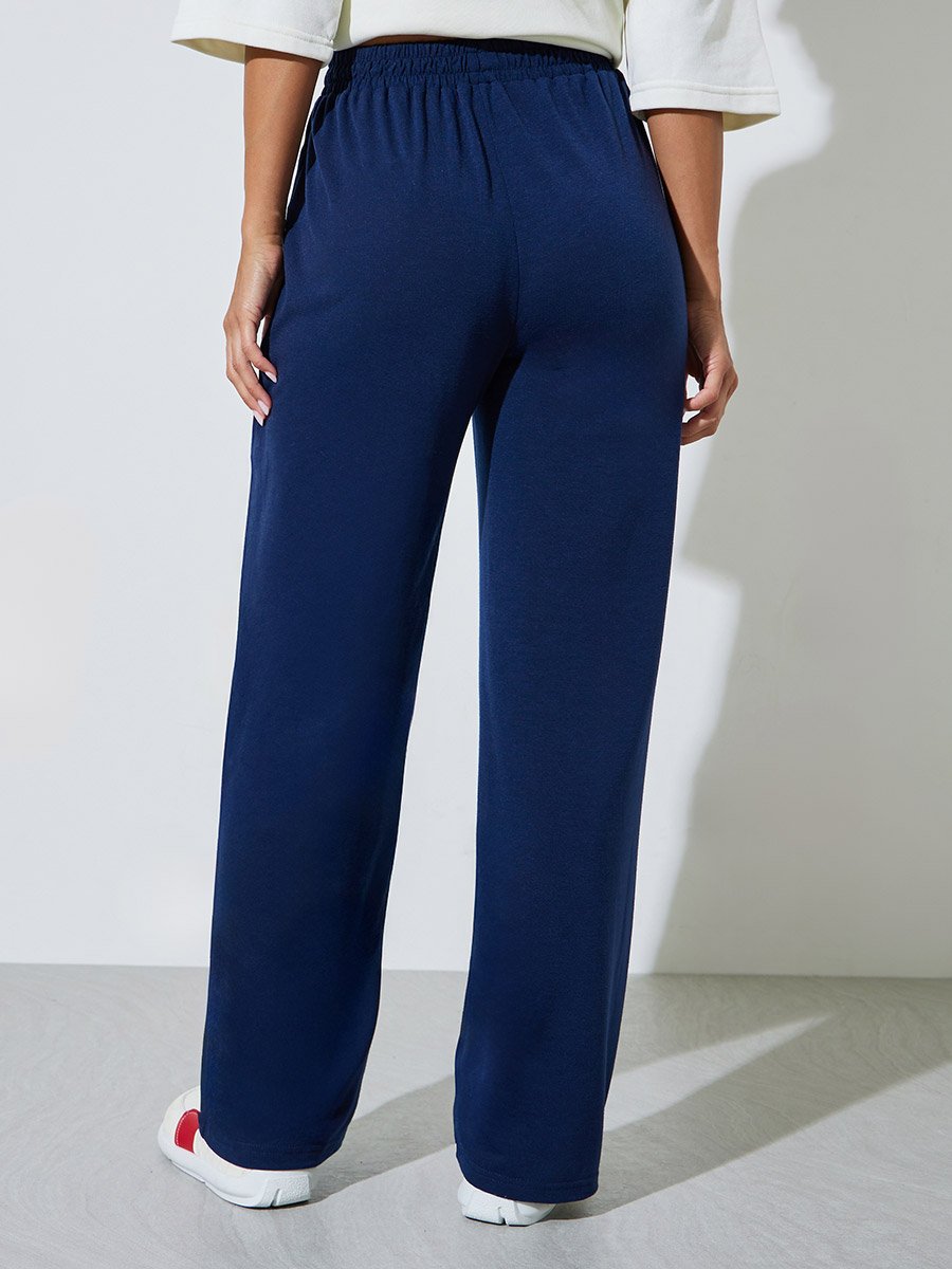 Dark Blue Pocket Detail Printed Wide Leg Joggers