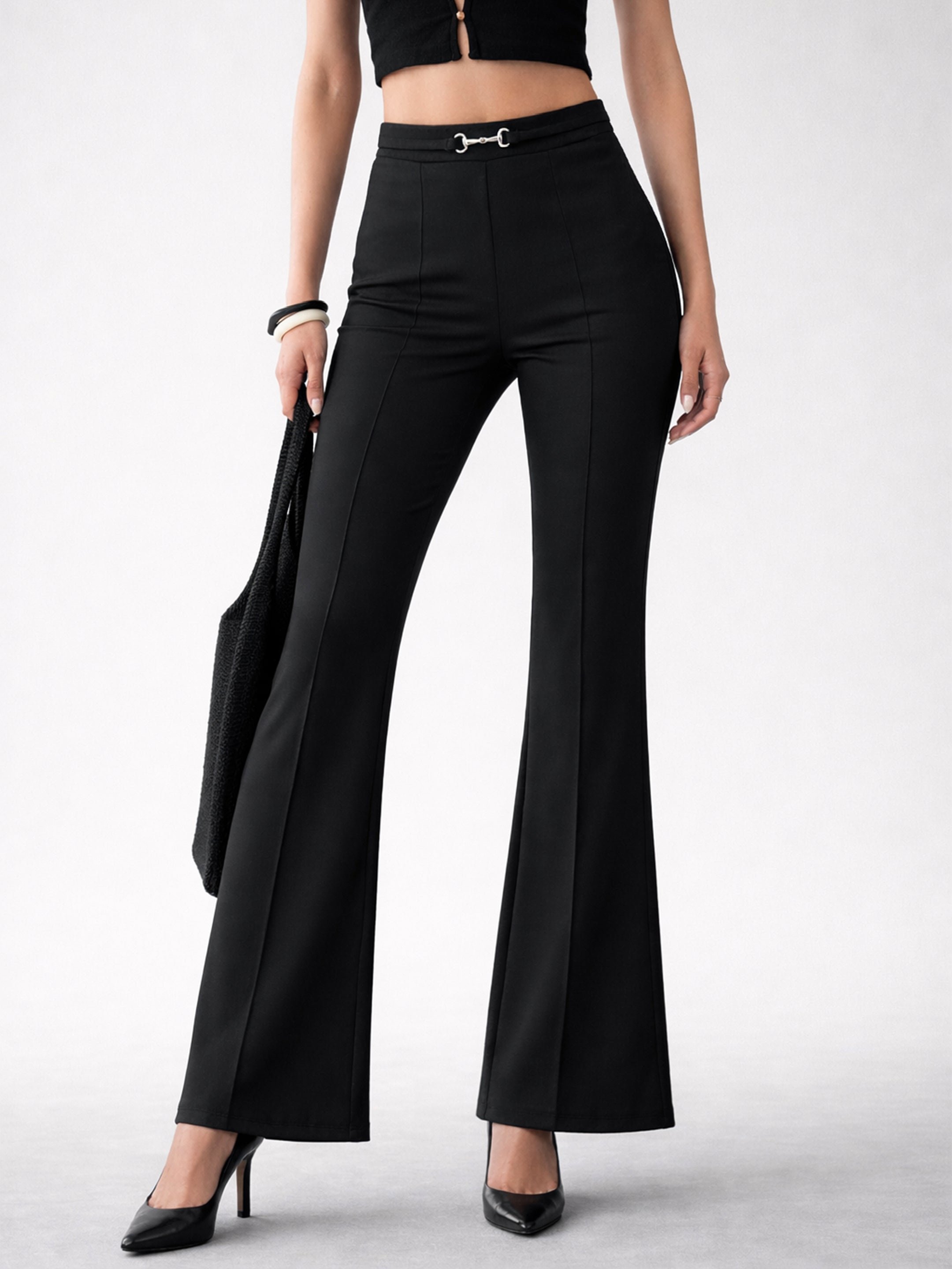 Black Front Metal Trim Flare Pants