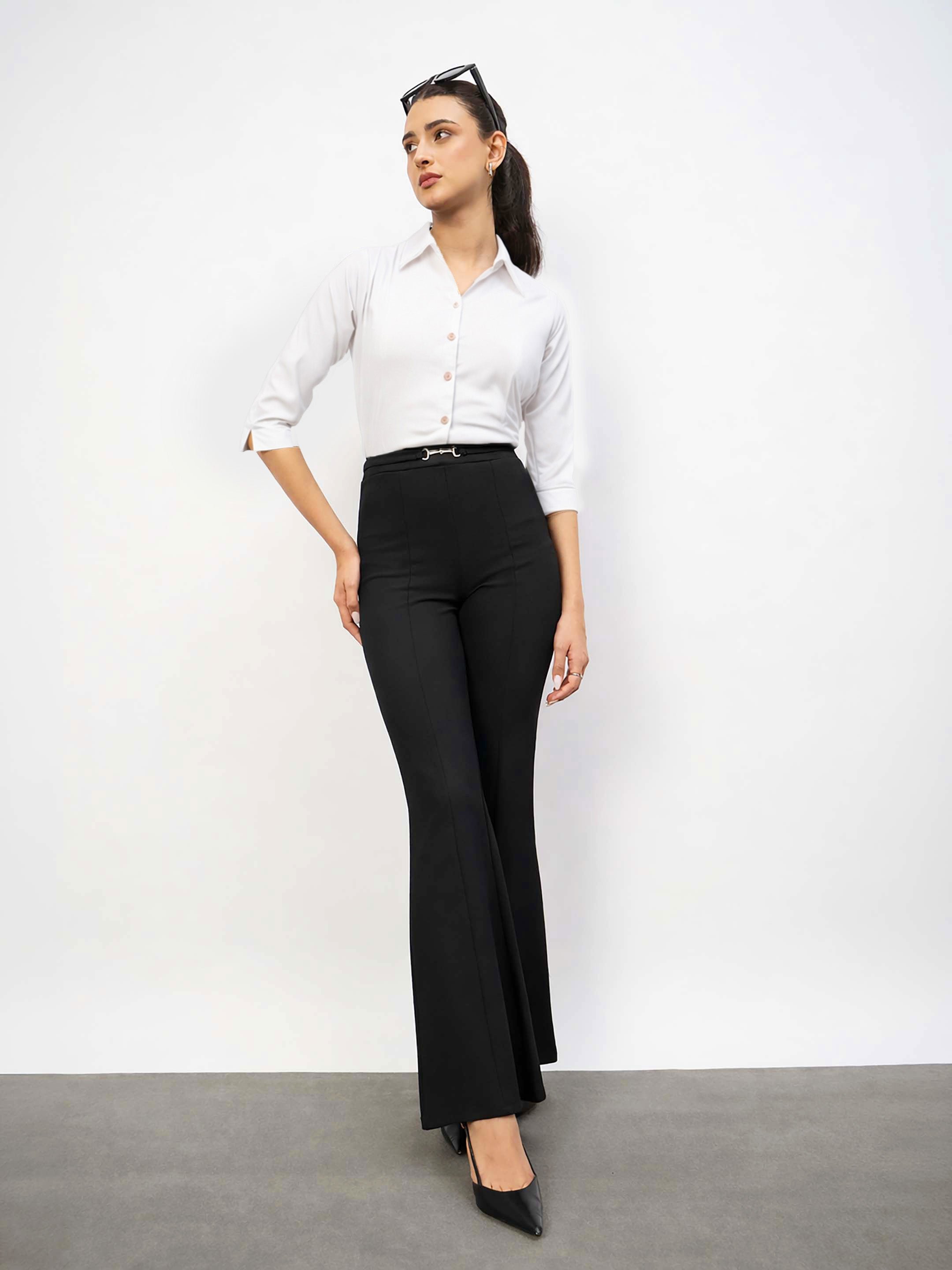 Black Front Metal Trim Flare Pants