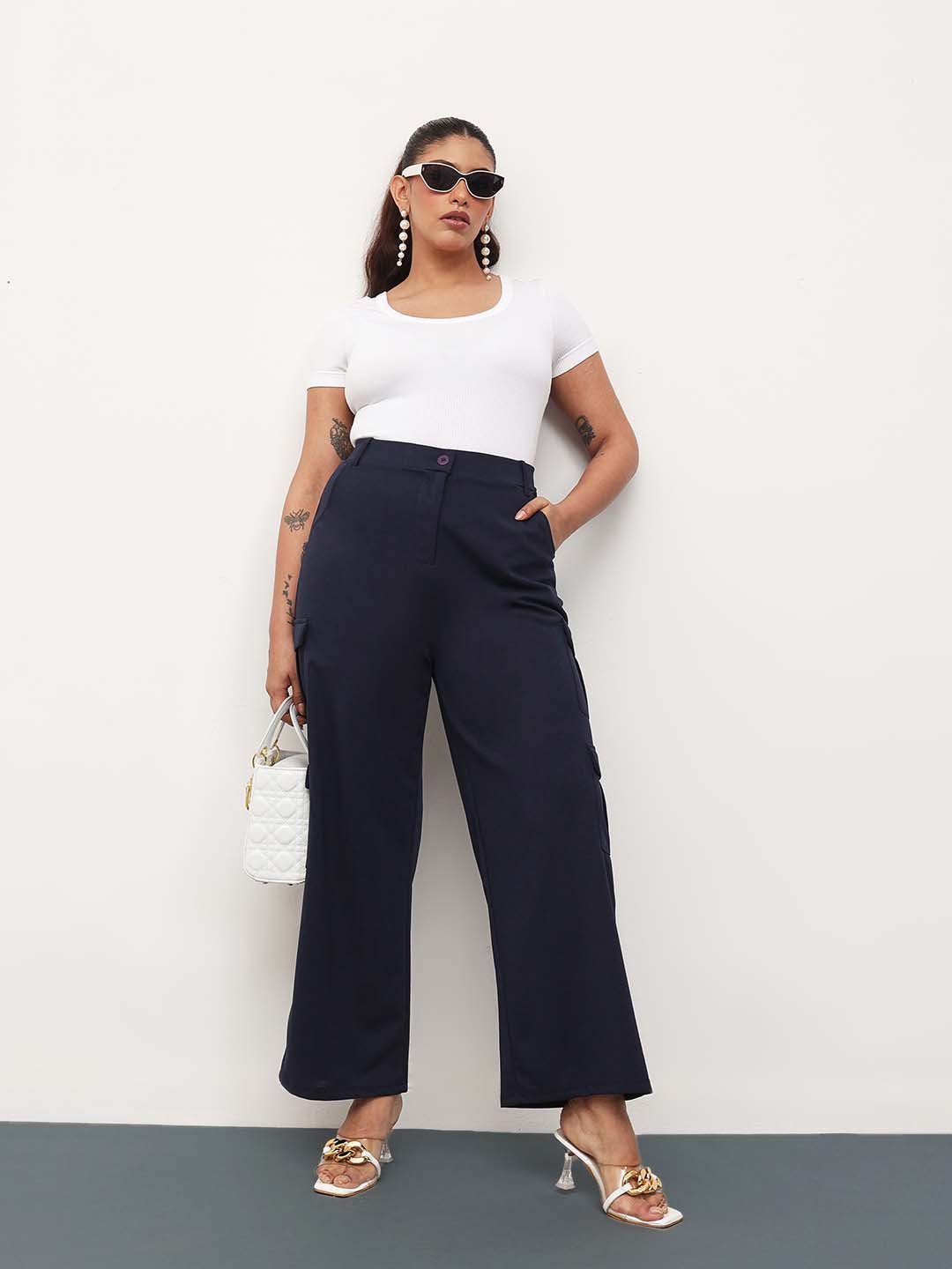 Navy Blue Pocket Details Wide Leg Cargo Pants 