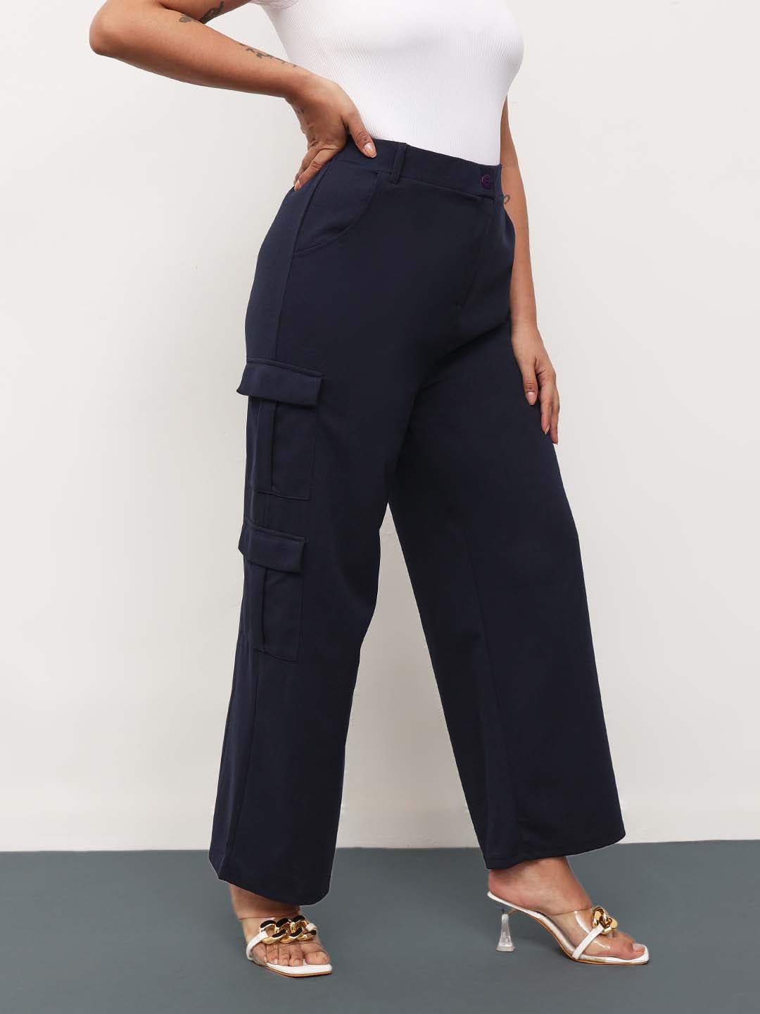 Navy Blue Pocket Details Wide Leg Cargo Pants 