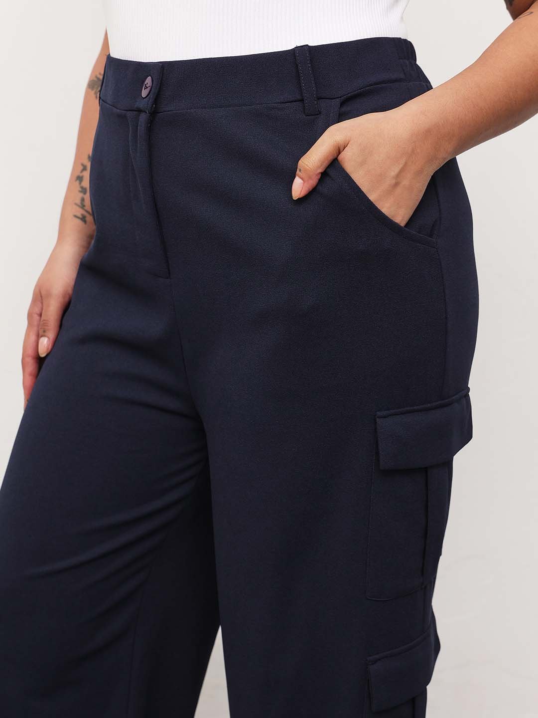 Navy Blue Pocket Details Wide Leg Cargo Pants 
