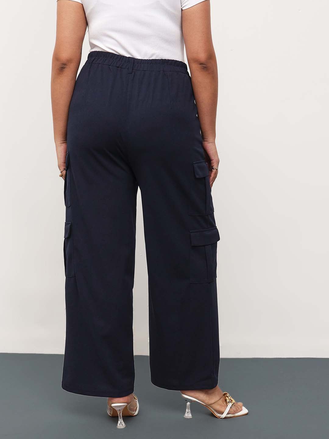 Navy Blue Pocket Details Wide Leg Cargo Pants 