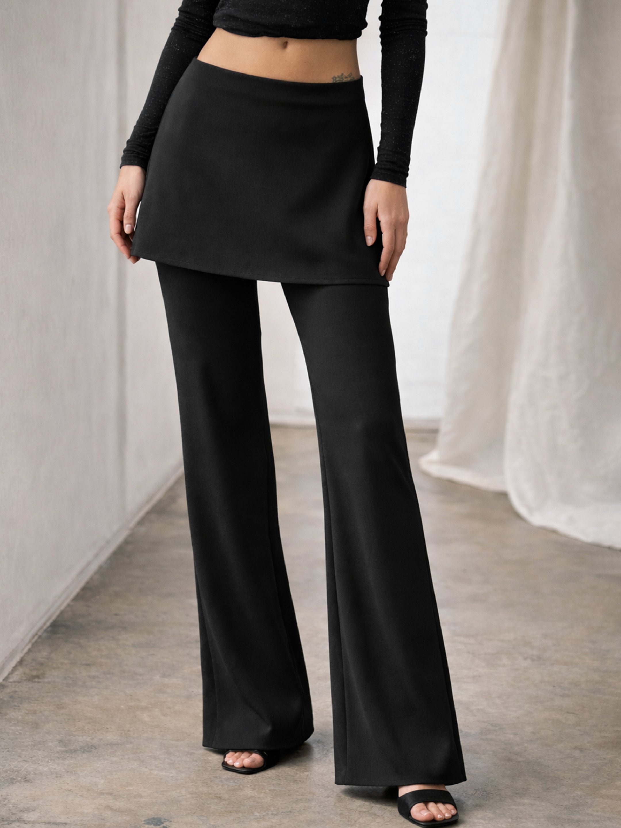Black Solid Out Layer Skirt Pants