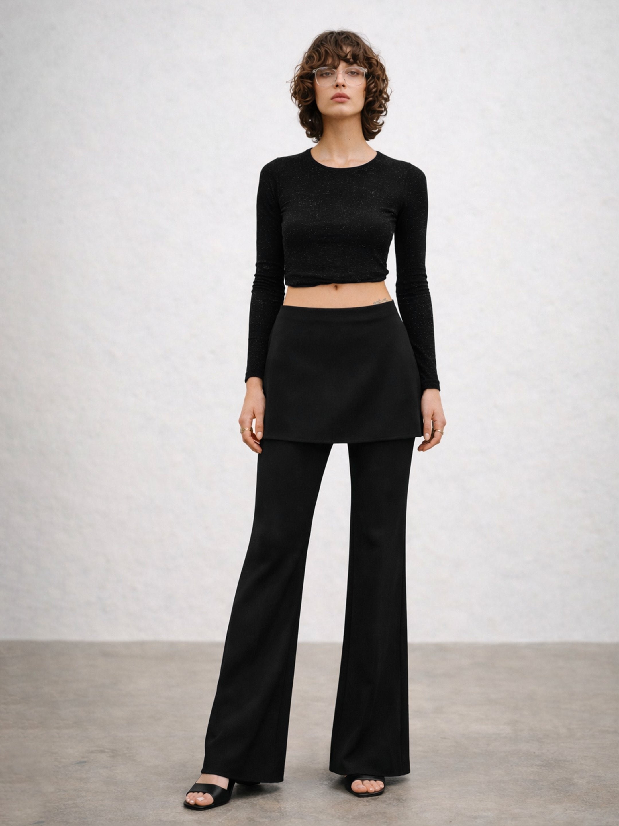 Black Solid Out Layer Skirt Pants