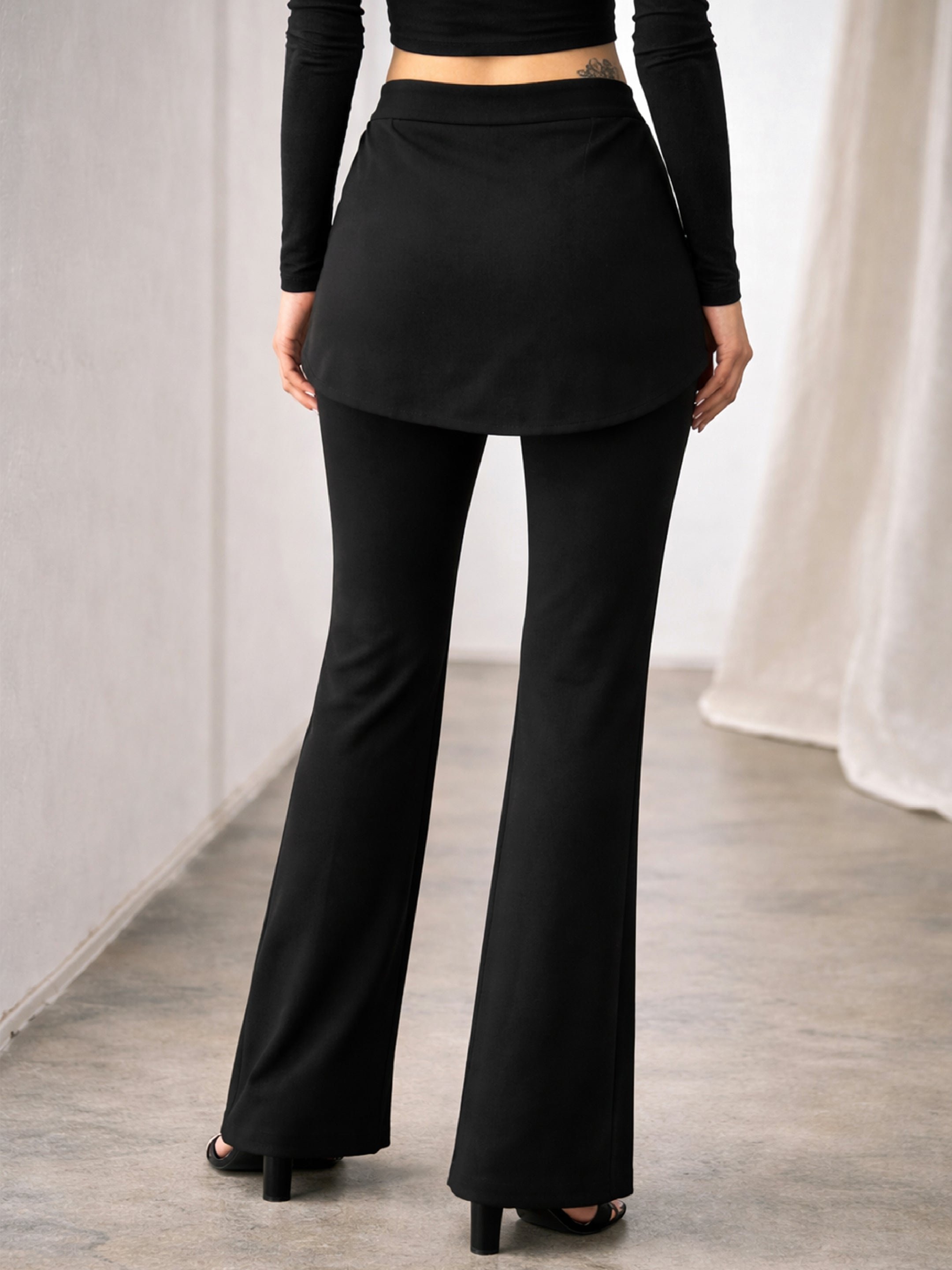 Black Solid Out Layer Skirt Pants