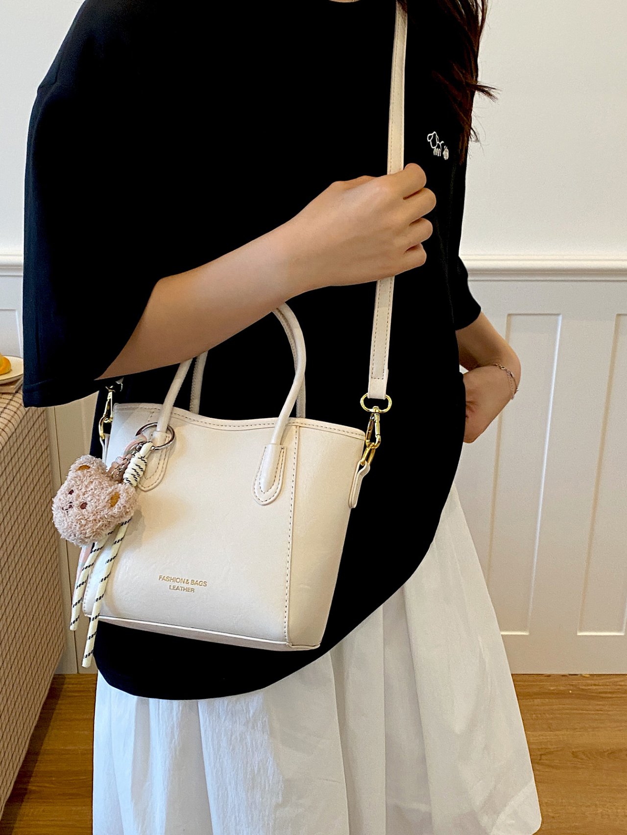 Solid Handbag with Plush Charm