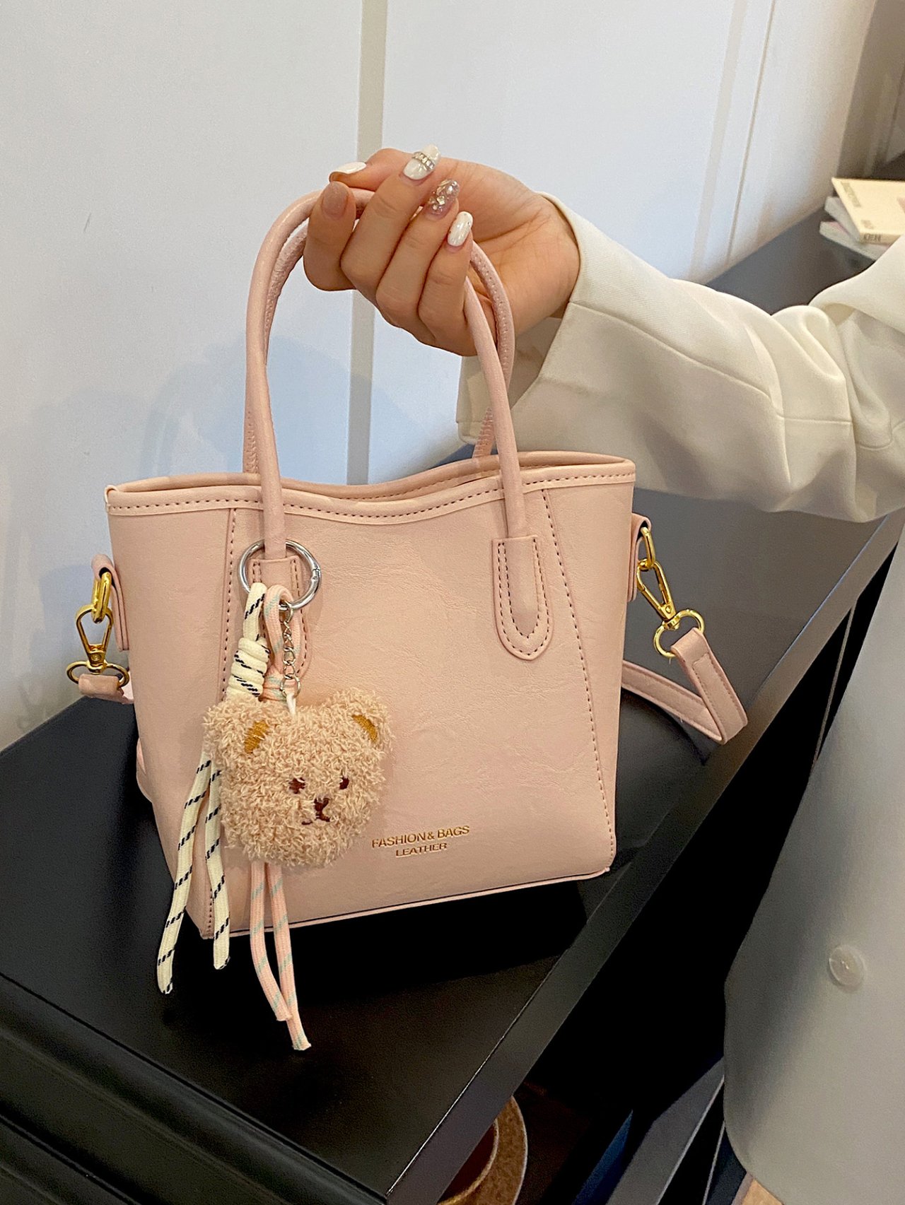 Solid Handbag with Plush Charm
