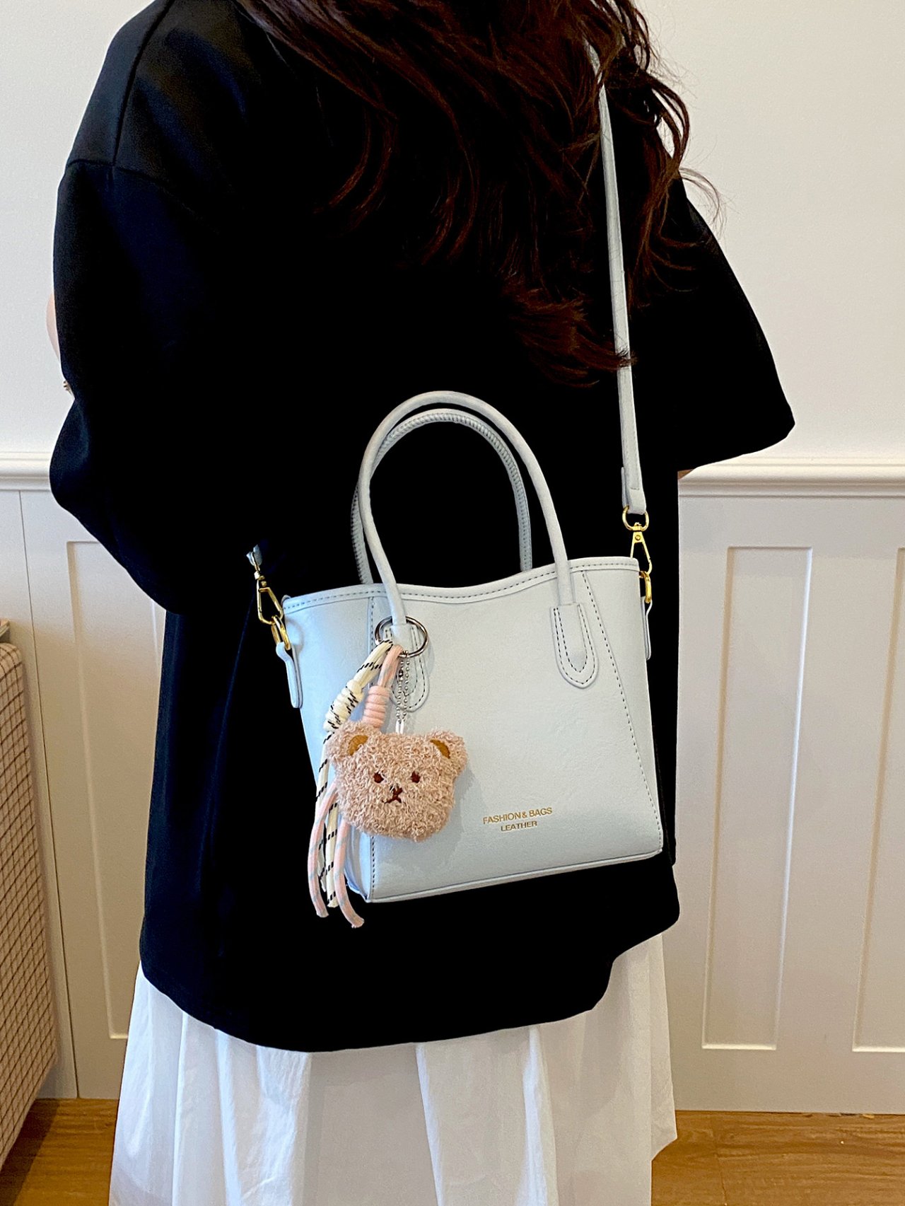 Solid Handbag with Plush Charm