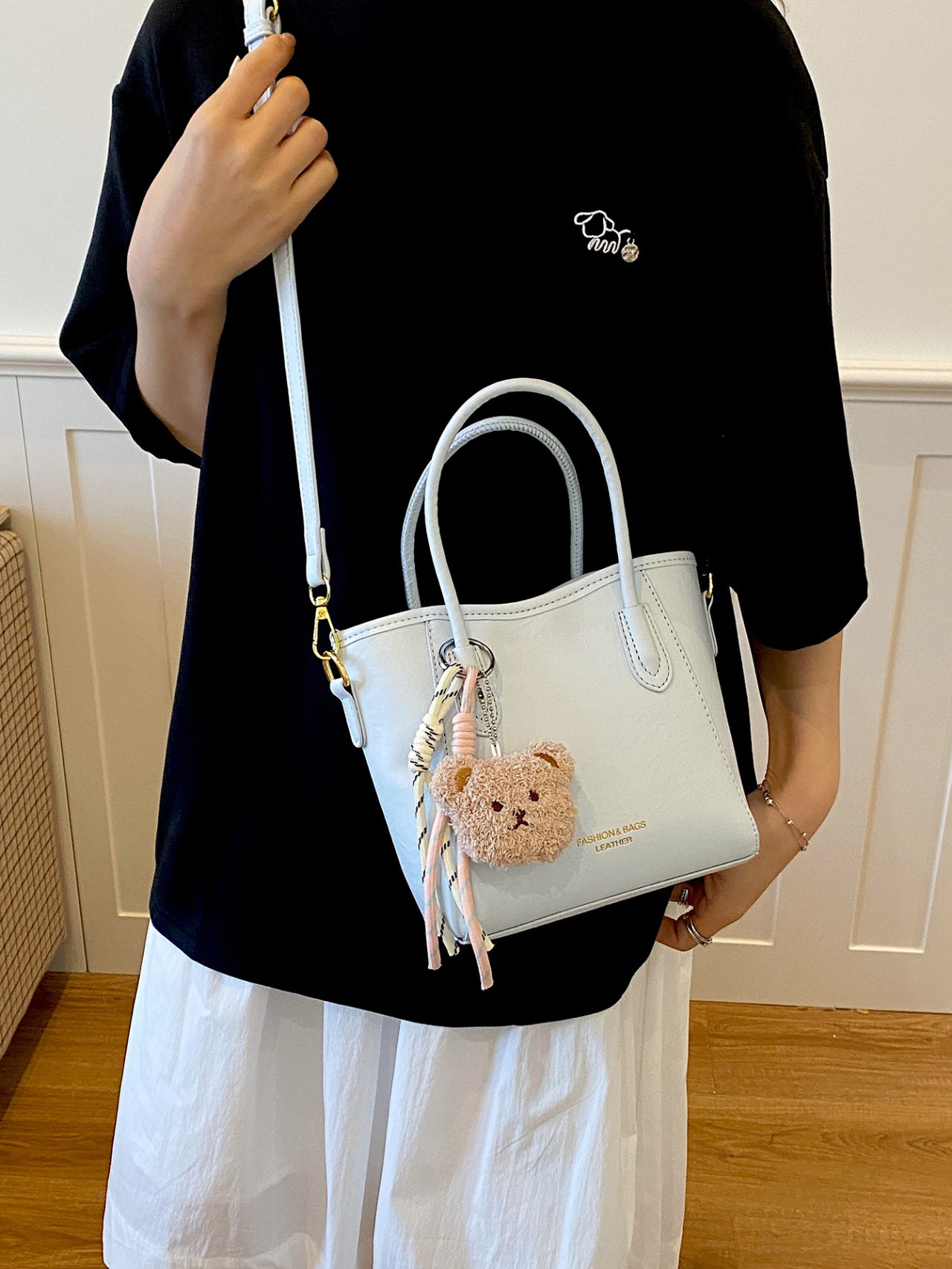 Solid Handbag with Plush Charm