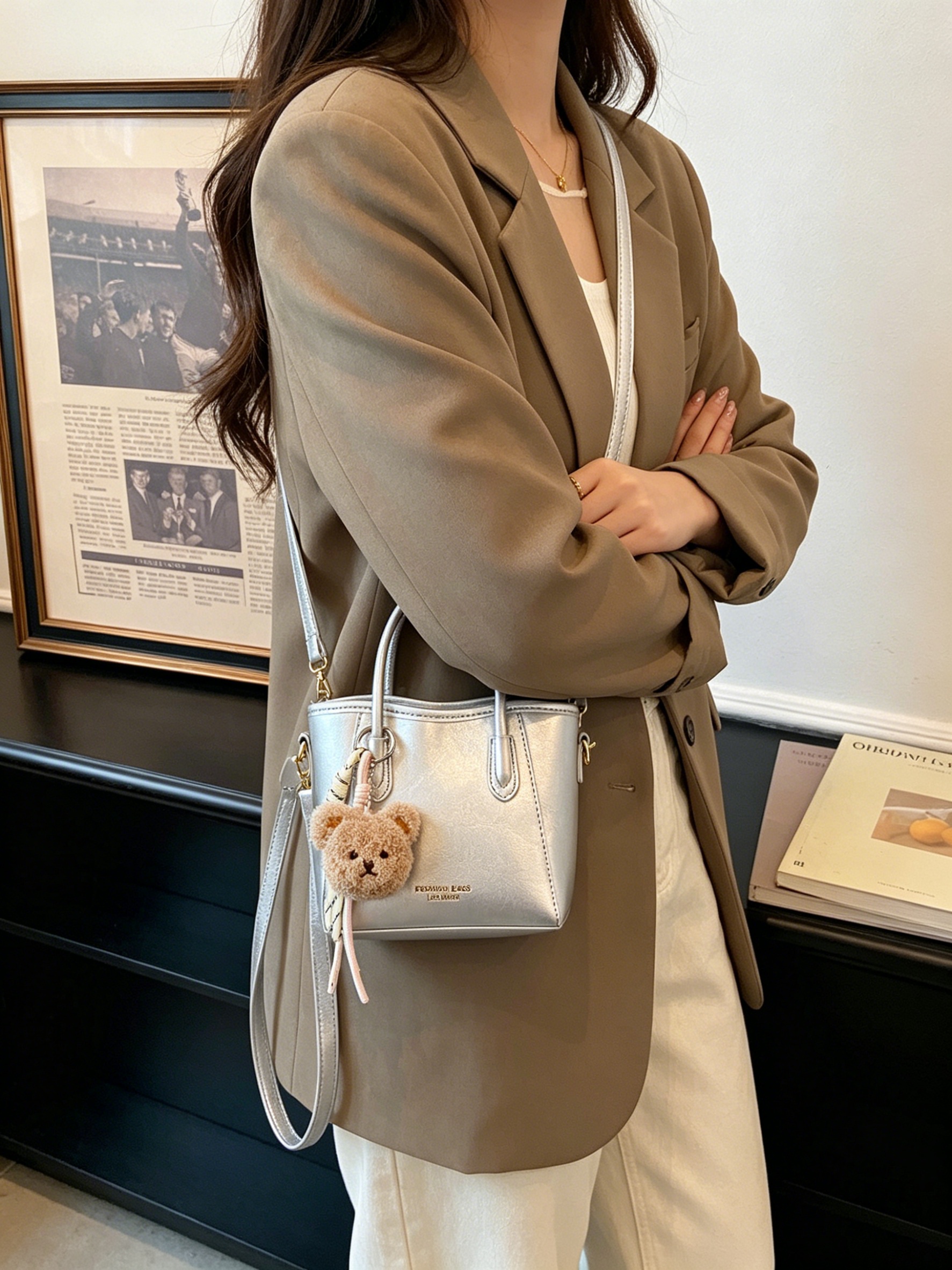 Solid Handbag with Plush Charm