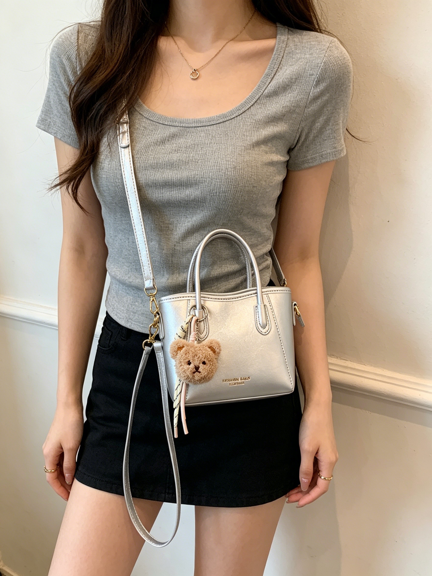 Solid Handbag with Plush Charm