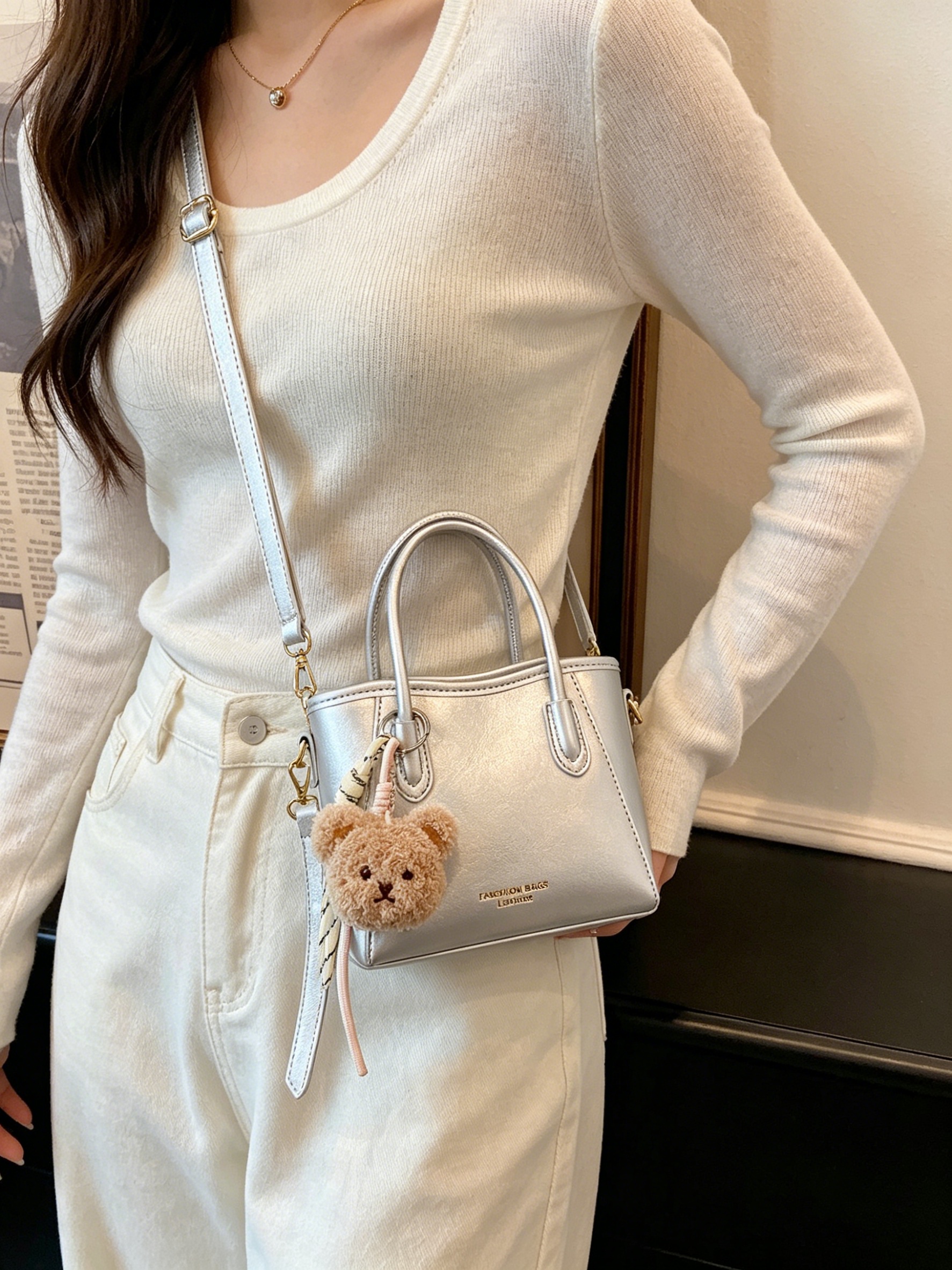 Solid Handbag with Plush Charm