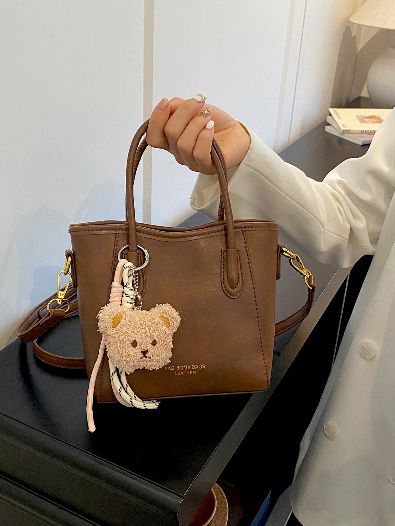 Solid Handbag with Plush Charm