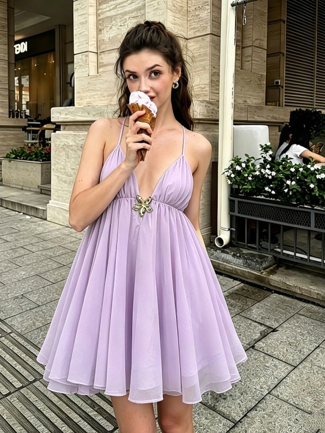 Purple Backless Metal Embellished Puffy Mini Dress