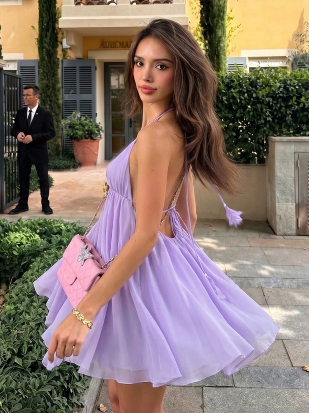 Purple Backless Metal Embellished Puffy Mini Dress