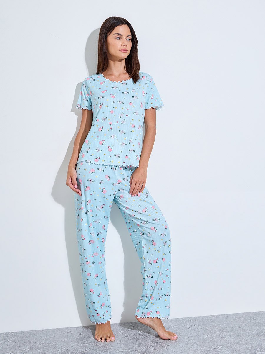 Blue Floral Print Top and Pyjama Set