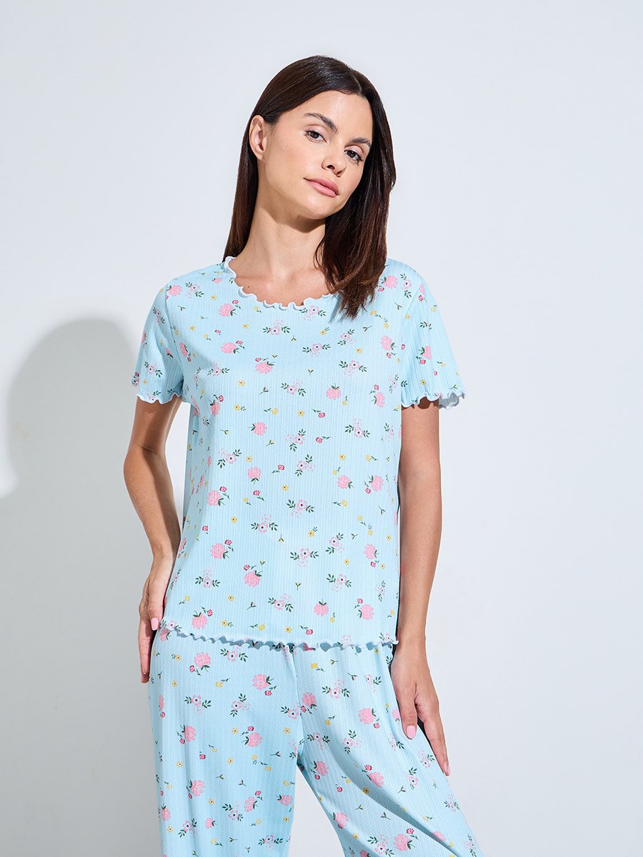 Blue Floral Print Top and Pyjama Set