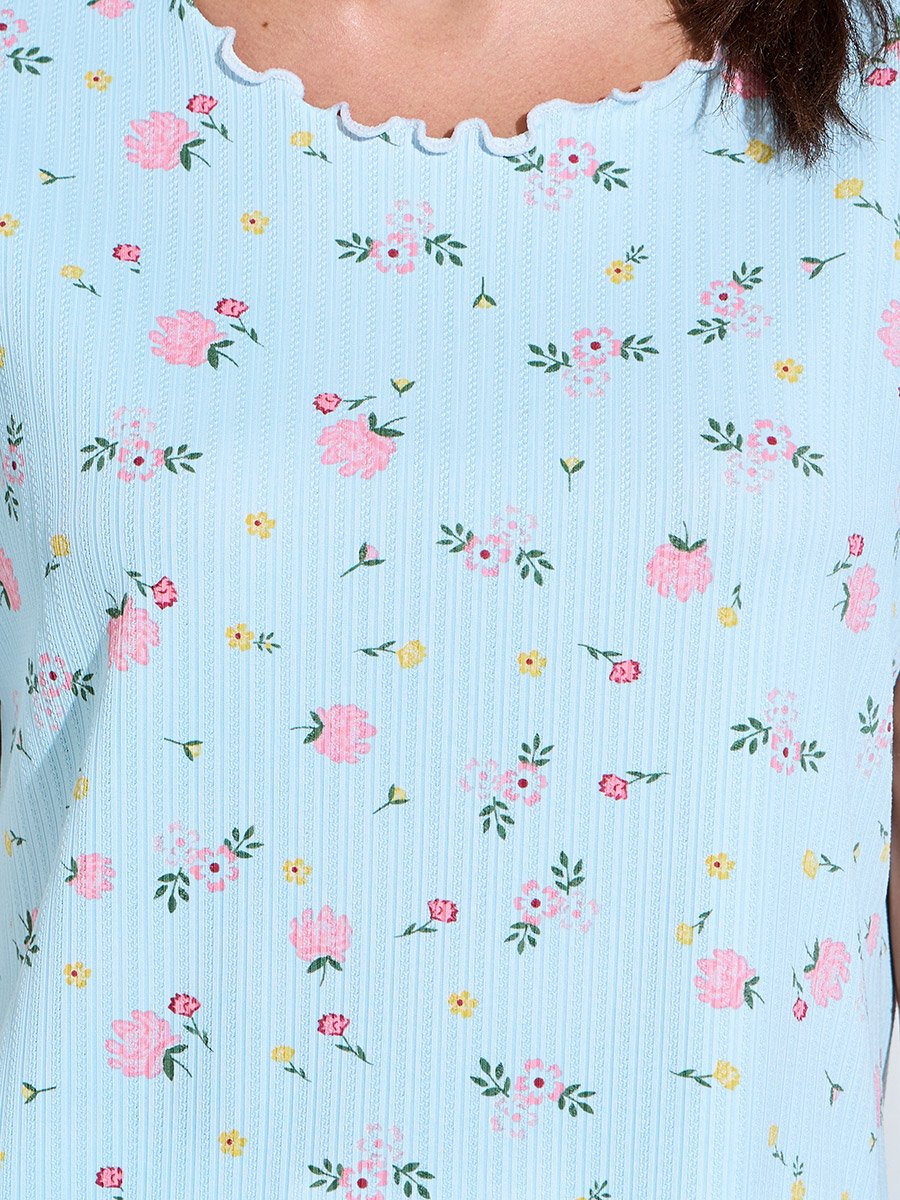 Blue Floral Print Top and Pyjama Set