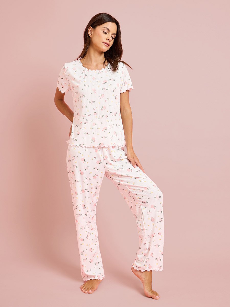 White Floral Print Top and Pyjama Set