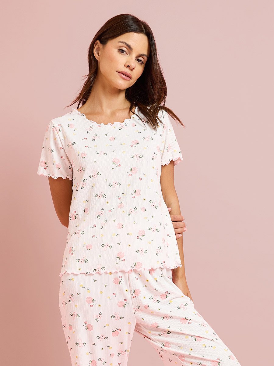 White Floral Print Top and Pyjama Set