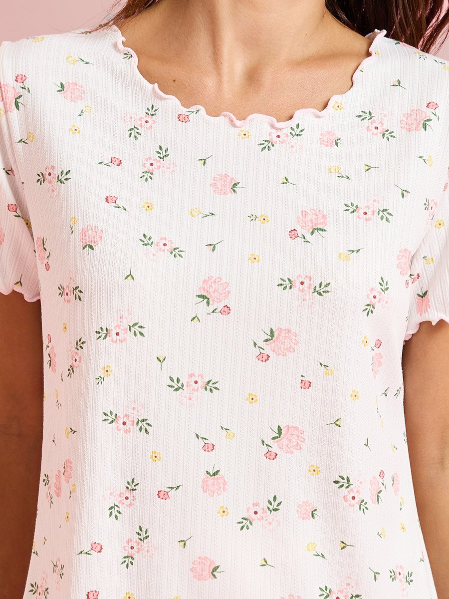 White Floral Print Top and Pyjama Set
