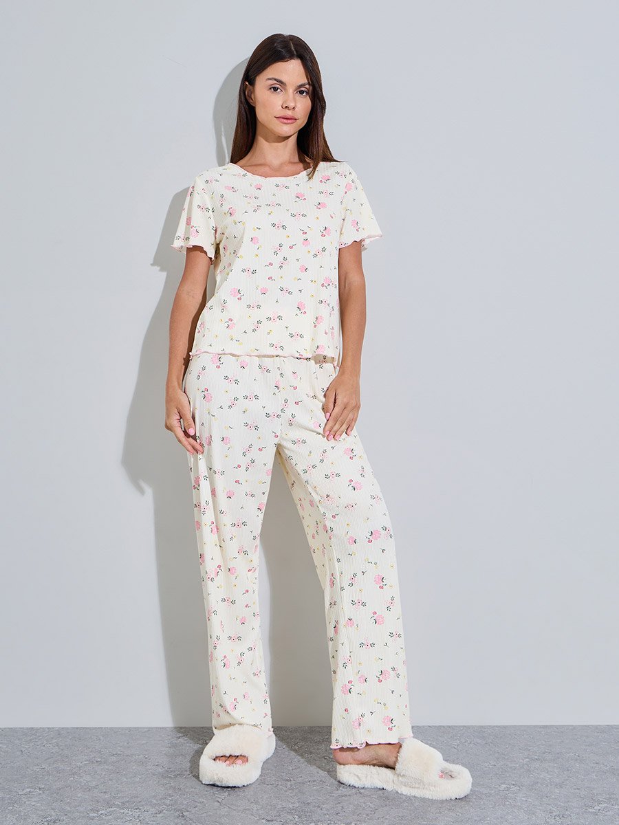Cream Floral Print Top and Pyjama Set