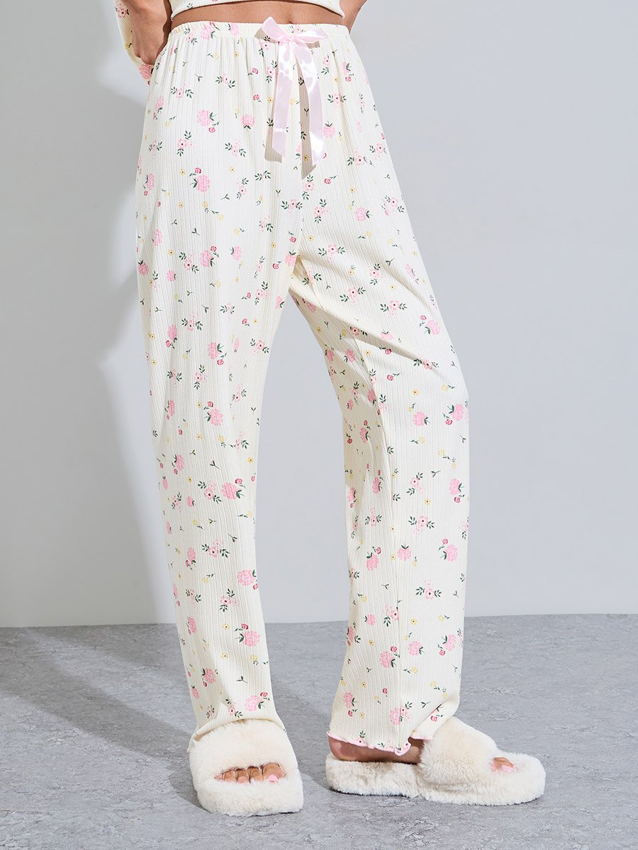 Cream Floral Print Top and Pyjama Set