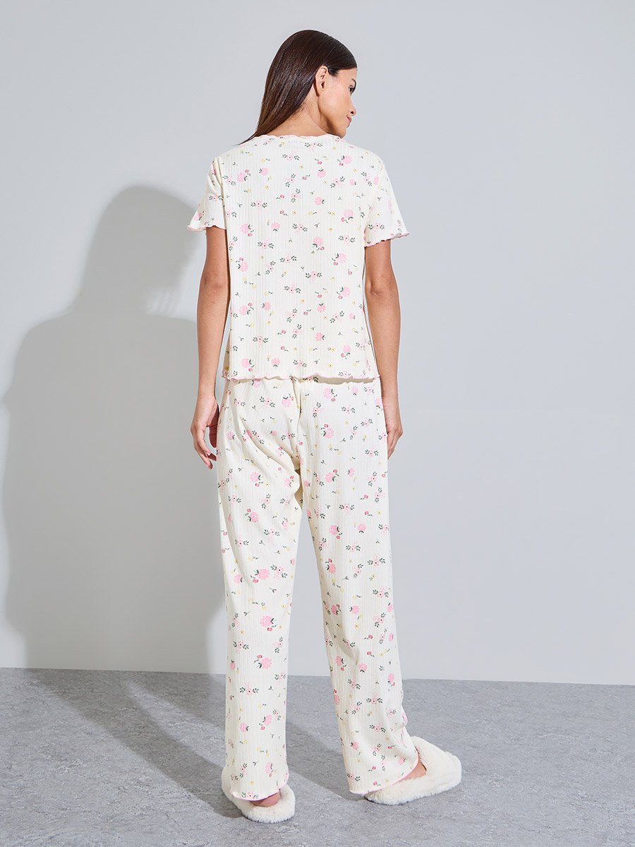 Cream Floral Print Top and Pyjama Set
