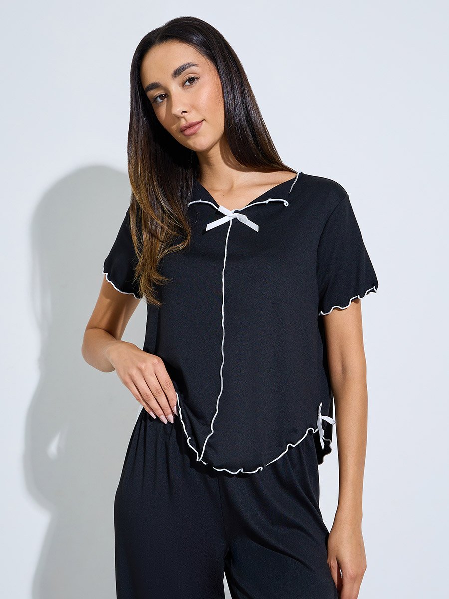 Black Solid Bow Detail Top and Pyjama Set