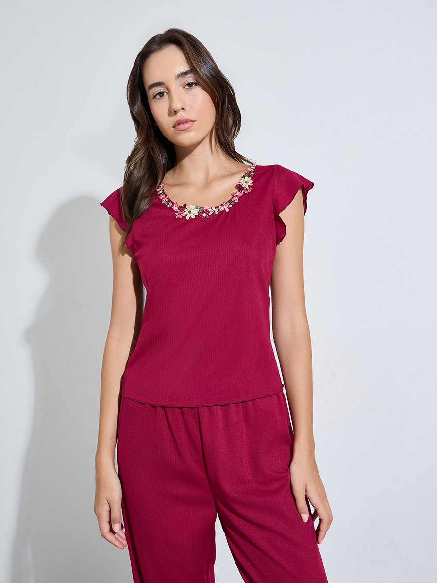 Burgundy Floral Trim Cap Sleeve Top and Pyjama Set