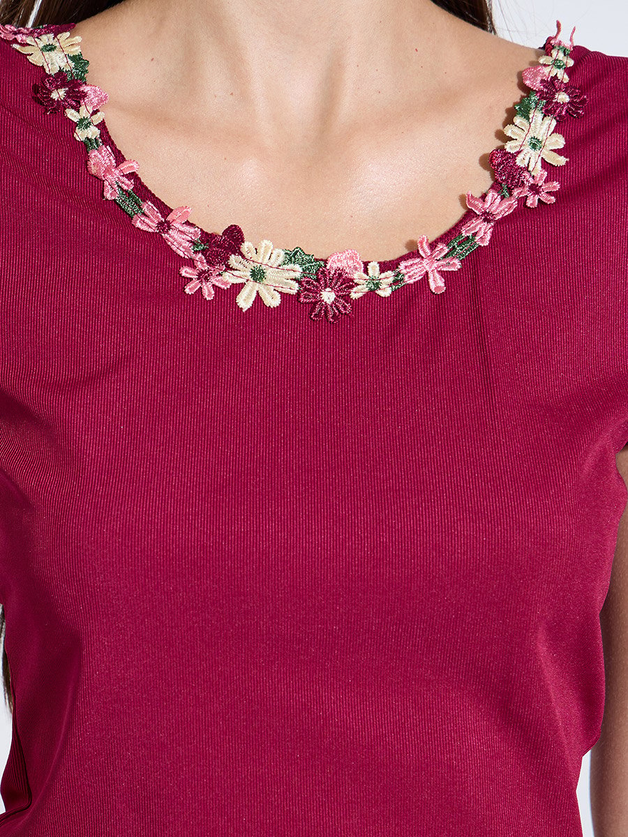 Burgundy Floral Trim Cap Sleeve Top and Pyjama Set