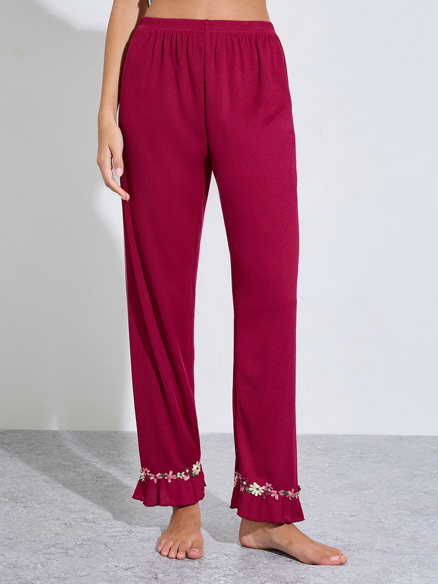Burgundy Floral Trim Cap Sleeve Top and Pyjama Set