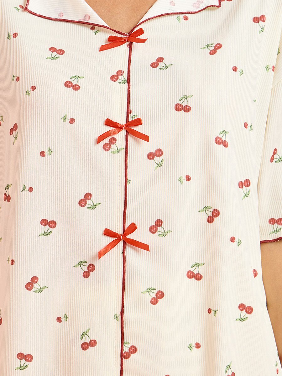 Yellow Cherry Print Short Sleeve Top and Pyjama Set